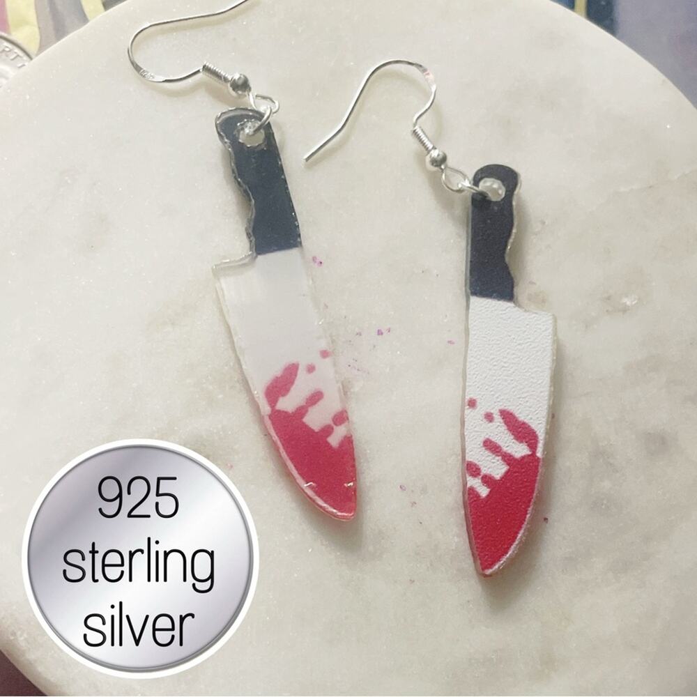 925 Sterling Silver Knife Earrings Halloween theme bloody horror gothic